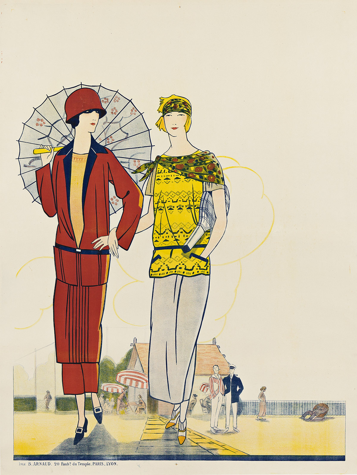 DESIGNER UNKNOWN. [WOMEN WITH PARASOL & TENNIS RACKET]. Circa 1922. 62½x47 inches, 158¾x119½ cm. B. Arnaud, Paris.